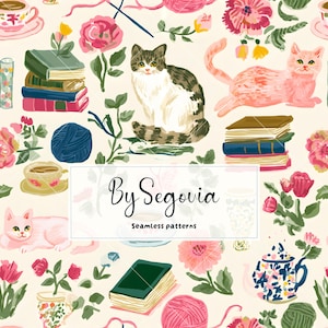以下が含まれることがあります： 猫、本の山、ピンクと赤の花、毛糸玉、ティーカップのイラストが描かれたシームレスなパターン。クリーム色の背景に、白い長方形のフレームで囲まれた「By Segovia Seamless patterns」というテキストが中央に配置されています。