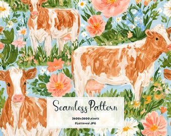 Watercolor Cow Seamless Pattern | Floral Farmhouse Digital Paper | Cottagecore Cow Repeat Fabric Scrapbook Pattern JPG