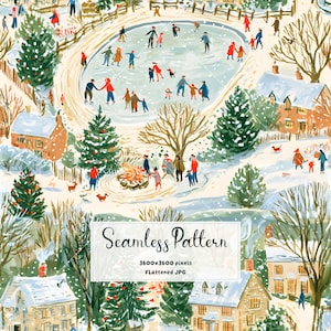 May include: A seamless pattern illustration featuring a winter village scene with people ice skating on a frozen pond, gathering around a bonfire, and walking near snow-covered houses and evergreen trees. The text reads Seamless Pattern 3600x3600 pixels FLattened JPG.