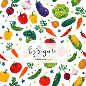 May include: A seamless pattern featuring hand-painted illustrations of various vegetables including red tomatoes, orange carrots, yellow bell peppers, green broccoli, purple eggplants, and corn on a white background with the text By Segovia.