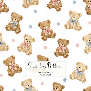 May include: A seamless pattern featuring watercolor illustrations of brown teddy bears on a white background. The bears are adorned with either light blue or soft pink ribbons around their necks, interspersed with small light blue and pink polka dots.