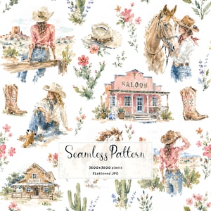 May include: A seamless pattern featuring watercolour illustrations of cowgirls in hats and jeans, horses, cacti, wildflowers, a pink saloon, and a wooden ranch building. The design includes text reading Seamless Pattern 3600x3600 pixels FLATTENED JPG.