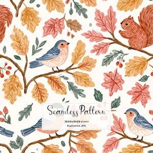 May include: A seamless pattern featuring illustrations of squirrels and blue birds perched on brown branches with autumn leaves in shades of orange, yellow, and pink. The text Seamless Pattern 3600x3600 pixels Flattened JPG is centered.