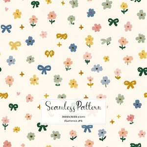 Könnte beinhalten: Ein nahtloses Muster mit handgezeichneten Illustrationen kleiner Blumen in Rosa, Gelb, Blau und Salbeigrün, durchsetzt mit Schleifen und vierzackigen Sternen auf cremefarbenem Grund. Der Text lautet Seamless Pattern 3600x3600 pixels FLat