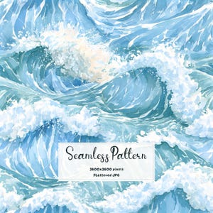 Puede incluir: Un patrón continuo con una ilustración en acuarela de olas oceánicas rompiendo en tonos azules, verde azulado y blancos. Una superposición rectangular blanca en el centro contiene el texto negro Seamless Pattern, 3600x3600 pixels y FLattened JPG.