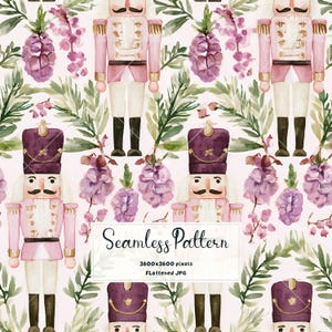 May include: A seamless pattern featuring watercolor illustrations of nutcrackers in pink uniforms with purple hats, interspersed with green pine branches and purple floral clusters. The image includes the text Seamless Pattern 3600x3600 pixels.