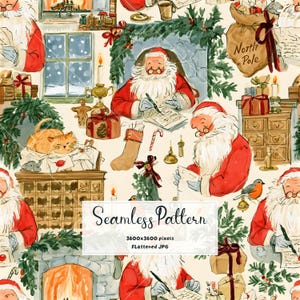 May include: A seamless pattern featuring watercolor illustrations of Santa Claus writing letters, a North Pole sack, a ginger cat in a box, fireplaces, Christmas stockings, wrapped gifts, candles, and greenery on a cream background with text.
