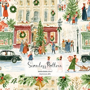 May include: A seamless pattern featuring a watercolour winter city scene with people in coats, Christmas trees, wreaths, and vintage cars. The text reads Seamless Pattern 3600x3600 pixels FLattened JPG. The colour palette includes red, green, black, and white.
