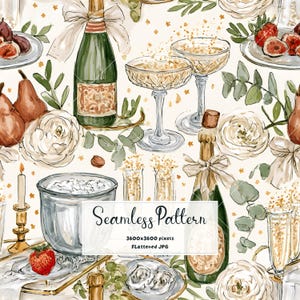 May include: A seamless pattern illustration featuring green champagne bottles with white bows, crystal coupe glasses, white flowers, green eucalyptus leaves, pears, strawberries, and a silver ice bucket. Text reads Seamless Pattern 3600x3600 pixels FLattened JPG.