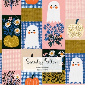 May include: A seamless pattern featuring a grid of rectangular blocks with illustrations of white ghosts with orange cheeks, orange pumpkins, blue and white checkered squares, and floral arrangements with white daisies on black and pink backgrounds.