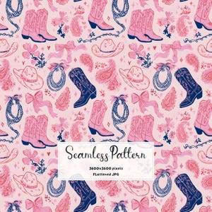 May include: A seamless pattern featuring pink and dark blue illustrations of cowboy boots, hats, lassos, bows, and paisley shapes on a light pink background. A white rectangular overlay displays the text Seamless Pattern 3600x3600 pixels Flattened JPG.