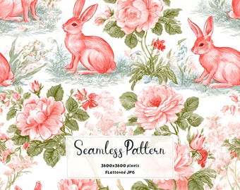 Watercolor Pink Bunny Seamless Pattern | Floral Rabbit Fabric Print | Vintage Bunny Wallpaper Print | Cottagecore Digital Paper JPG