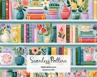 Watercolor Bookshelf Seamless Pattern | Whimsical Vibrant Floral Books Fabric & Wallpaper Print Cozy Library Digital Paper JPG