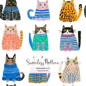 May include: A seamless pattern featuring various illustrated cats wearing colourful jumpers with stripes and polka dots. The cats are depicted in different colours including black, orange, pink, and blue. The text Seamless Pattern 3600x3600 pixels Flattened JPG is centred.