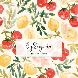 May include: A seamless pattern featuring watercolor illustrations of red tomatoes on vines, yellow lemons, and green leaves on a cream background. A white rectangular overlay in the center displays the black text By Segovia Seamless patterns.