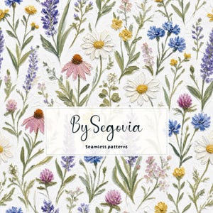 May include: A seamless pattern featuring an oil painting style illustration of wildflowers including white daisies, pink coneflowers, purple lavender, and yellow blossoms on a white background. The text By Segovia Seamless patterns is centered.