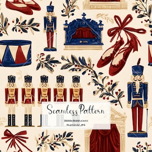 May include: A seamless pattern featuring illustrations of nutcracker figures in blue and red uniforms, red ballet slippers with ribbons, blue stage curtains, drums, and leafy branches with red berries on a cream background. Text reads Seamless Pattern.