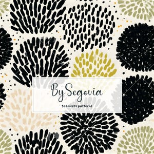 Puede incluir: Un patrón continuo con grupos circulares de trazos cortos dibujados a mano en negro, verde oliva y beige sobre un fondo crema. Un recuadro blanco en el centro muestra el texto negro By Segovia Seamless patterns.