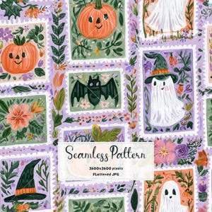 May include: A seamless pattern featuring rectangular postage stamp frames on a light purple background. The stamps contain illustrations of orange jack-o'-lanterns, white ghosts, a black bat, a witch hat, and flowers. Text reads Seamless Pattern.