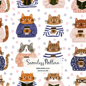 Op de afbeelding: Een naadloos patroon met geïllustreerde katten die truien dragen en koffiebekers of boeken vasthouden. De katten zijn afgebeeld in oranje, bruin en grijs, tegen een witte achtergrond met verspreide roze en grijze stippen en de tekst Seamless Pattern.