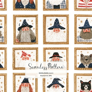 Può includere: Un motivo continuo con una griglia di ritratti in cornici dorate di maghi e animali su sfondo bianco. Le illustrazioni includono figure con cappelli stellati, barbe lunghe e vari abiti, con il testo Seamless Pattern 3600x3600 pixels.