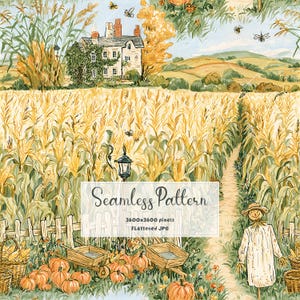 Pode incluir: Um padrão contínuo ilustrando um milharal, uma casa, um espantalho e abóboras. O texto diz Seamless Pattern, 3600x3600 pixels e Flattened JPG. A cena inclui um caminho, uma cerca de madeira e uma lanterna em tons de outono.
