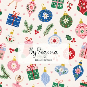 Può includere: Un motivo continuo con decorazioni natalizie, pacchetti regalo, rametti di agrifoglio e ballerine su sfondo crema. Il testo By Segovia Seamless patterns è centrato in una cornice rettangolare bianca sopra le illustrazioni festive.