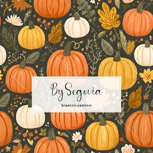 May include: A seamless pattern featuring orange, yellow, and white pumpkins interspersed with autumn leaves, berries, and small flowers on a dark background. A central white rectangular label displays the text By Segovia Seamless patterns.