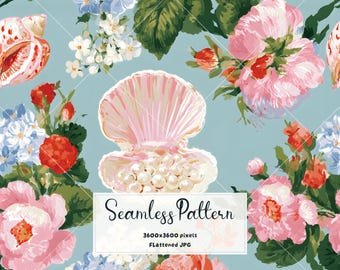 Pearl Seashell Seamless Pattern | Vintage Watercolor Coastal Floral Fabric & Wallpaper Print | Digital Paper JPG