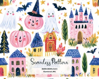 Cute Pink Halloween Watercolor Seamless Pattern | Whimsical Ghost Pumpkin Castle Fabric & Wallpaper Print Spooky Digital Paper JPG