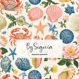Può includere: Un motivo continuo con illustrazioni di granchi arancioni, conchiglie rosa e bianche, ricci di mare blu, stelle marine blu e fiori rosa su sfondo crema. Un riquadro bianco mostra il testo By Segovia Seamless patterns.