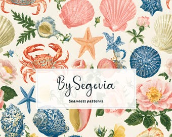 Hand Painted Seashell JPG Seamless Pattern | Coastal Ocean Digital Paper | Crab Starfish Beach Fabric Print | Summer Floral Wallpaper