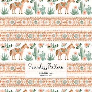 Könnte beinhalten: Ein nahtloses Muster mit Aquarellillustrationen von braunen Pferden mit Sätteln, grünen Kakteen und rosa Blumen, durchsetzt mit horizontalen Bändern aus geometrischen Formen in Orange- und Blaugrüntönen. Text: Seamless Pattern 3600x3600 pixels.