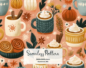 Watercolor Pumpkin Spice Coffee Seamless Pattern | Cozy Autumn Fabric & Wallpaper Print | Fall Coffee Digital Paper JPG