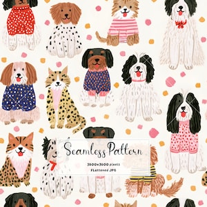 Puede incluir: Un patrón continuo con perros ilustrados con varios suéteres y abrigos manchados sobre un fondo crema con puntos rosas y naranjas dispersos. La imagen incluye el texto Seamless Pattern 3600x3600 pixels Flattened JPG.