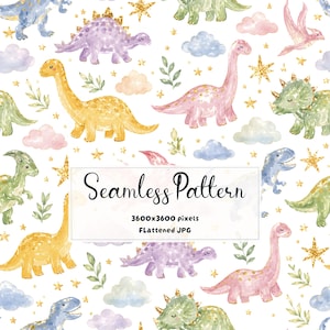 May include: A seamless pattern featuring watercolor illustrations of various dinosaurs in yellow, purple, green, and blue, interspersed with gold glitter stars, pink and blue clouds, and green leaves. Text reads: Seamless Pattern 3600x3600 pixels FLattened JPG.