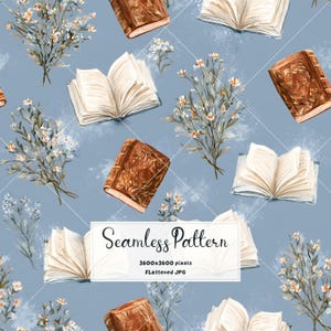 May include: A seamless pattern featuring open books with white pages, closed brown leather-bound books, and sprigs of small white flowers on a dusty blue background. The image includes the text Seamless Pattern 3600x3600 pixels FLattened JPG.