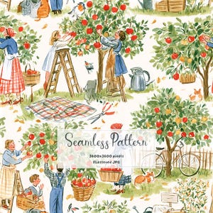 Puede incluir: Un patrón continuo con ilustraciones en acuarela de personas cosechando manzanas rojas de los árboles, usando escaleras de madera y cestas. La escena incluye una bicicleta, una manta de picnic, tijeras de podar y gatos, con el texto Seamless Pattern 3600x3600 pixels FLattened JPG.