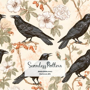 May include: A seamless pattern featuring black crows perched on branches with light pink flowers and orange berries against a cream background. The image includes the text Seamless Pattern 3600x3600 pixels Flattened JPG in a white box.
