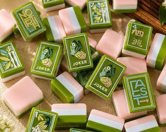 Amerikanskt Mahjong-plattset, Lyxigt Grönt Mahjong-spel, Botaniska Akrylplattor, Unik Gåva till Henne, Spelkvällspresent