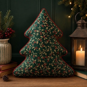May include: A Christmas tree-shaped throw pillow featuring a dark green fabric base with a repeating pattern of gold metallic vines and small red berries. The pillow is finished with a thin red fabric piping along the entire outer edge.