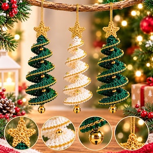 May include: Three hanging Christmas tree ornaments crafted from crocheted yarn. Two trees are dark green and one is white, each spiraled with gold metallic thread and small gold beads. Each ornament is topped with a gold crocheted star and a gold bell.