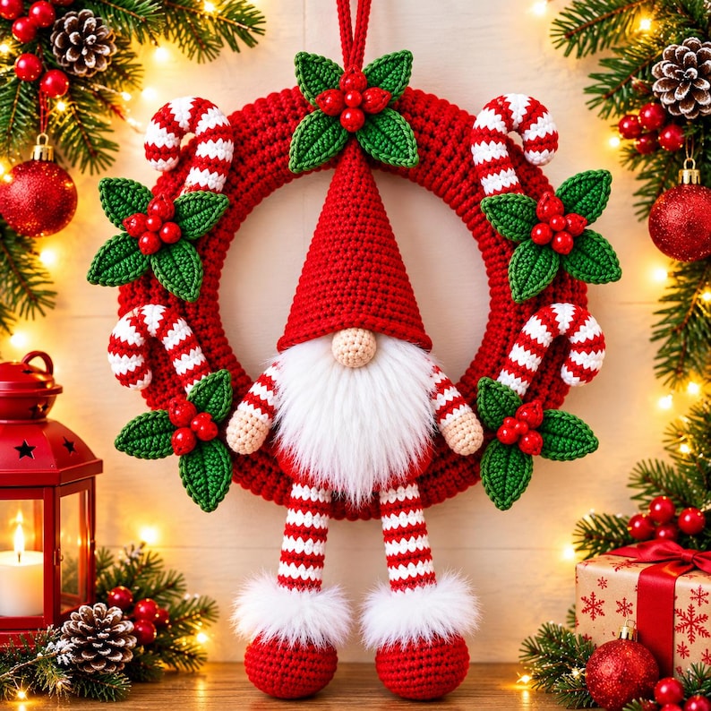 Op de afbeelding: Een gehaakte kerstkrans met een centrale kabouter met een hoge rode muts, een witte imitatiebont baard en lange gestreepte benen. De rode krans is versierd met gehaakte groene hulstblaadjes, rode bessen en rood-witte zuurstokken.