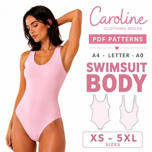 May include: A light pink one-piece swimsuit with a scoop neckline and sleeveless design. Text reads: Caroline CLOTHING MOLDS, PDF PATTERNS, A4 - LETTER - A0, SWIMSUIT BODY, XS - 5XL SIZES. Includes two line drawings showing front and back views.