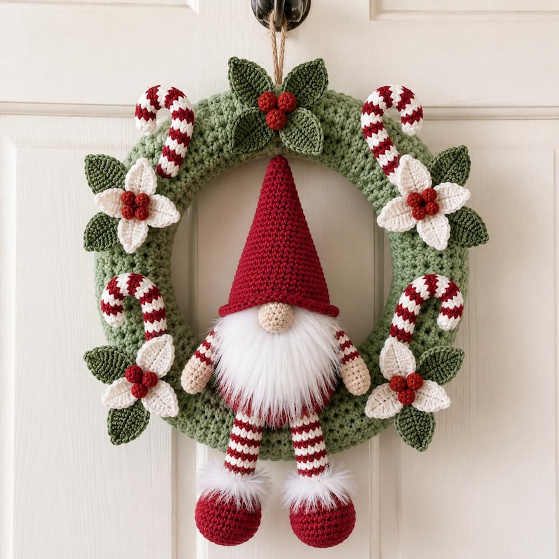 Op de afbeelding: Een gehaakte kerstkrans met een groene basis versierd met witte bloemen, rode bessen en rood-wit gestreepte zuurstokken. Een centrale kabouterfiguur met een hoge rode muts, een witte imitatiebont baard en gestreepte benen hangt in het midden.