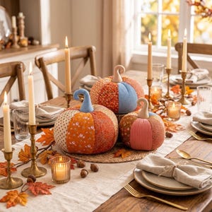 May include: Three fabric pumpkins featuring patchwork designs in orange, red, blue, and pink floral and polka dot patterns. Each pumpkin has a curved stem and sits on a woven mat as a centrepiece on a dining table with candles and leaves.