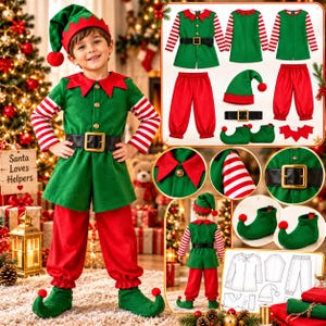 May include: A green and red elf costume featuring a long-sleeved tunic with a black belt, red pants, a pointed hat with a red pom-pom, and curled green shoe covers. The set includes detailed views of the collar, striped sleeves, belt buckle, and footwear.