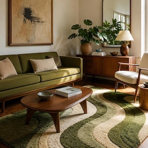 Modern Mid-Century Living Room with Olive Green Sofa & Organic Wave Rug