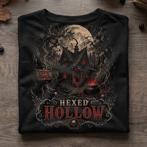 Può includere: Una t-shirt nera con una stampa grafica di una casa scura e spettrale sotto una luna piena con un calderone ribollente in primo piano. Il testo "HEXED HOLLOW" è stampato in un carattere rosso audace e usurato sotto la casa, con un teschio.