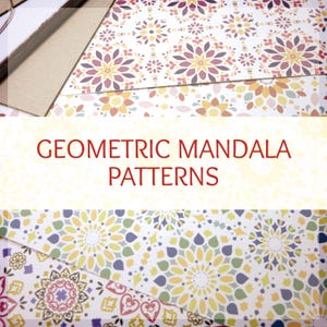 May include: Sheets of paper featuring repeating geometric mandala patterns in shades of yellow, purple, and green on a white background. The text GEOMETRIC MANDALA PATTERNS is printed in red across the center of the image over the paper designs.